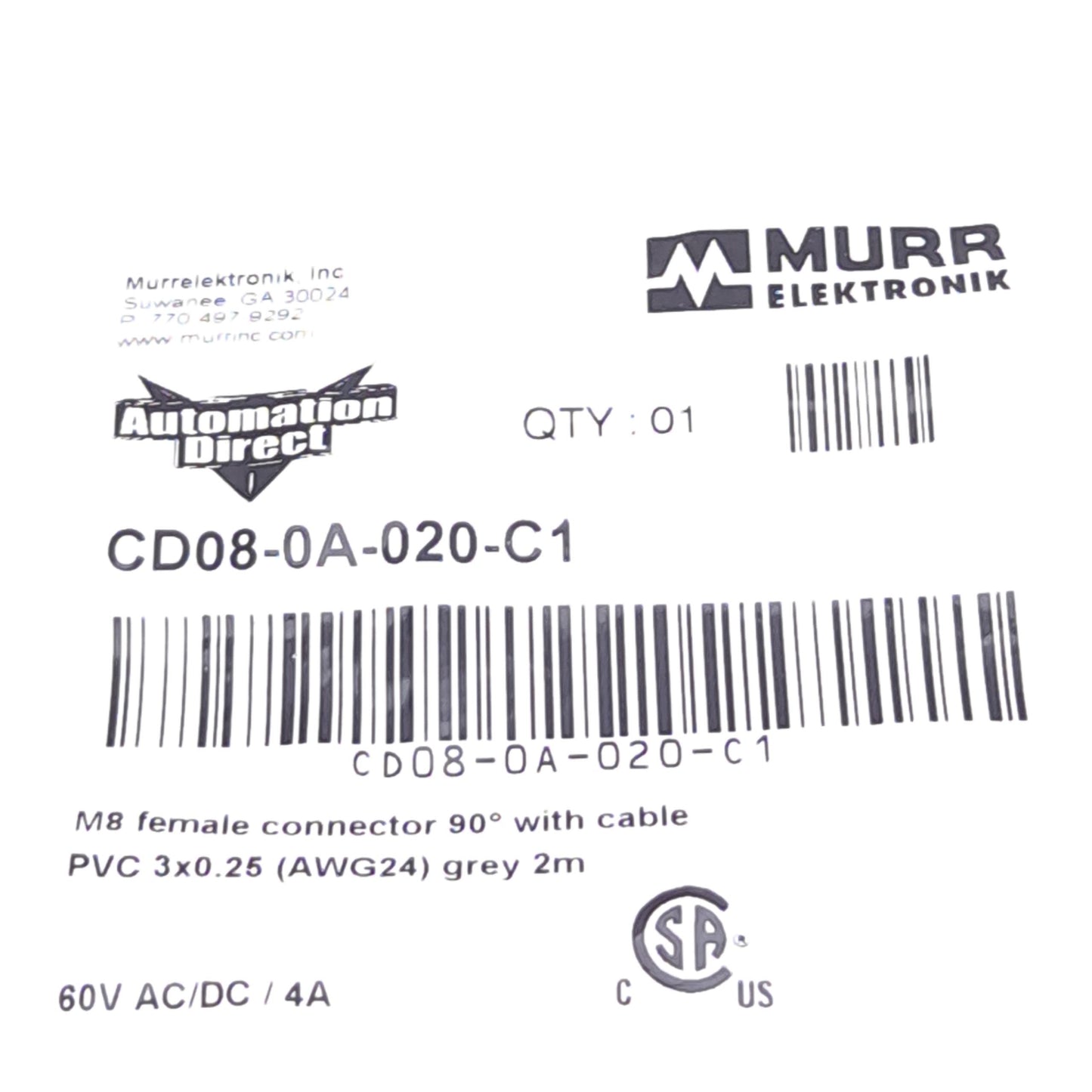 New Lot of 3 Automation Direct CD08-0A-020-C1 Cable, M8 3-Pin Female to Flying Leads