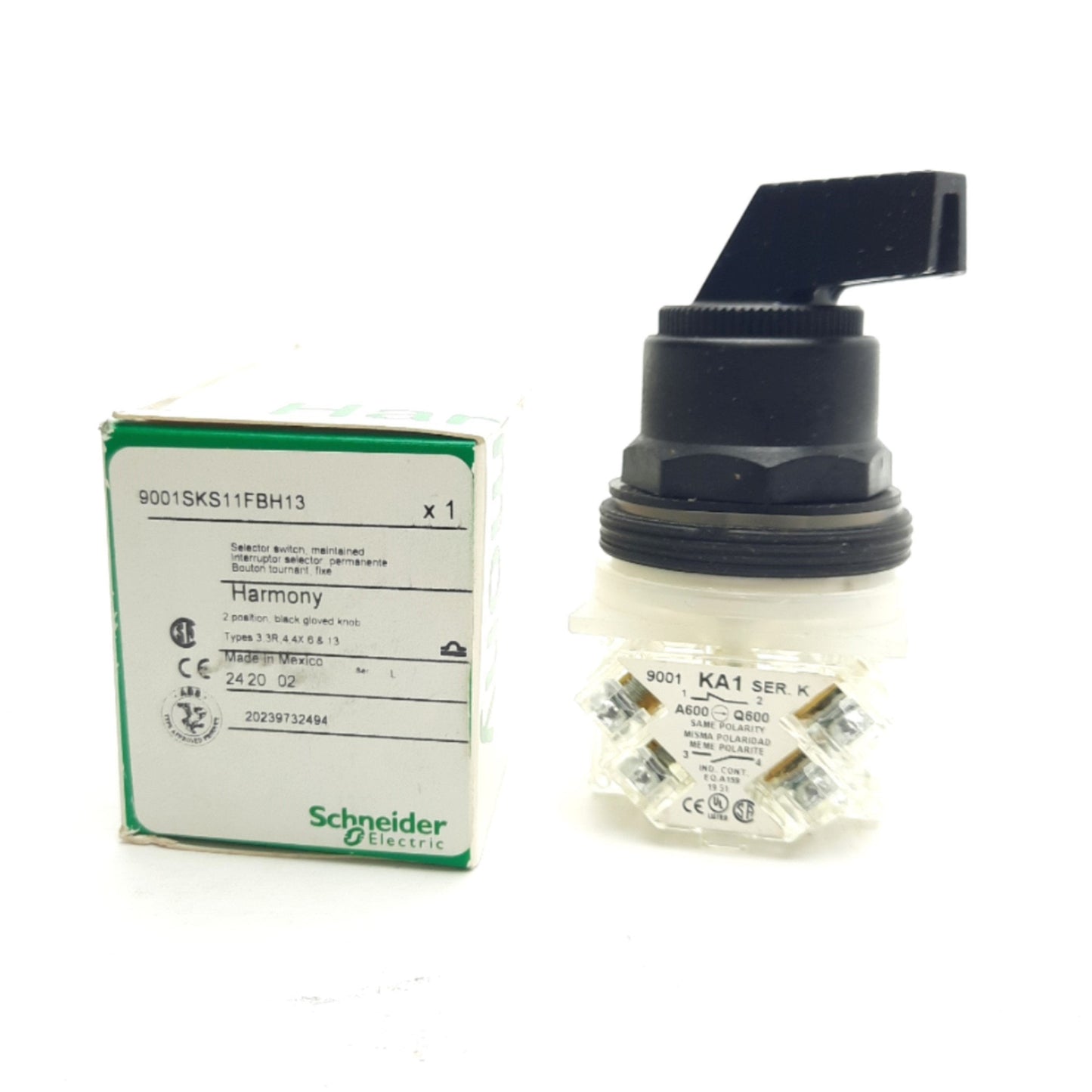 New Schneider 9001SKS11FBH13 Harmony 9001SK Selector Switch 30mm, 1 C/O, 2 Positions