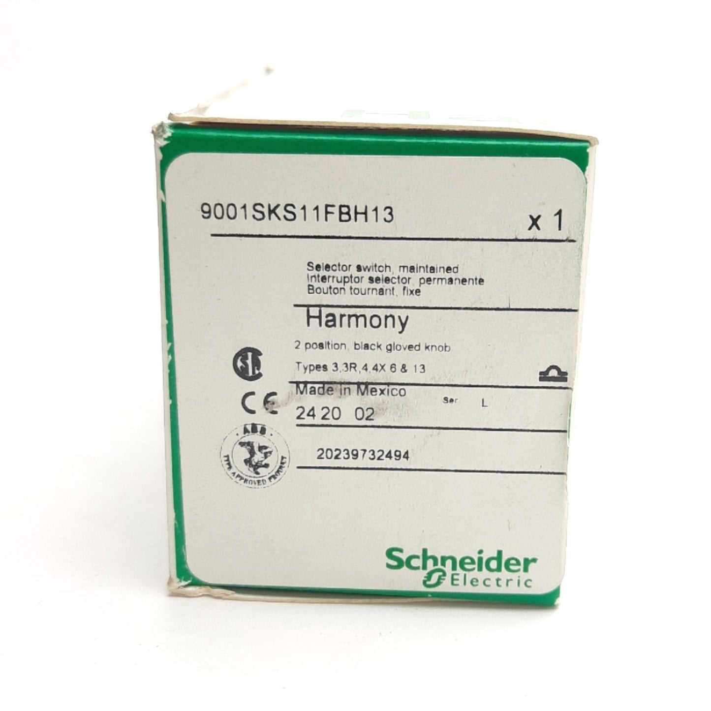 New Schneider 9001SKS11FBH13 Harmony 9001SK Selector Switch 30mm, 1 C/O, 2 Positions