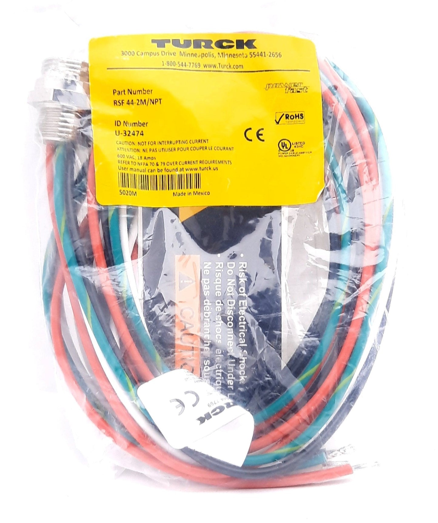 New Turck RSF 44-2M/NPT Power Receptacle Front Mount 1/2-14 NPT 4 Pin 600V 18A