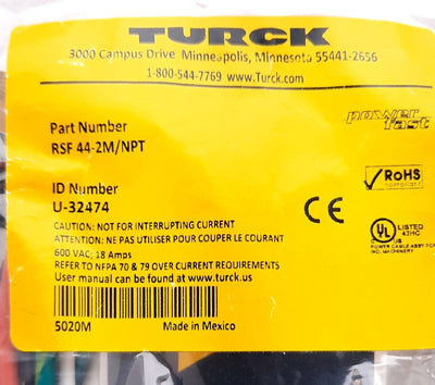 New Turck RSF 44-2M/NPT Power Receptacle Front Mount 1/2-14 NPT 4 Pin 600V 18A
