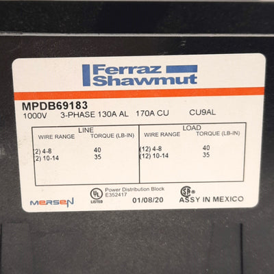 New – Open box Ferraz Shawmut MPDB69183 Power Distribution Block, 3-Pole, 2x12-Line x Load