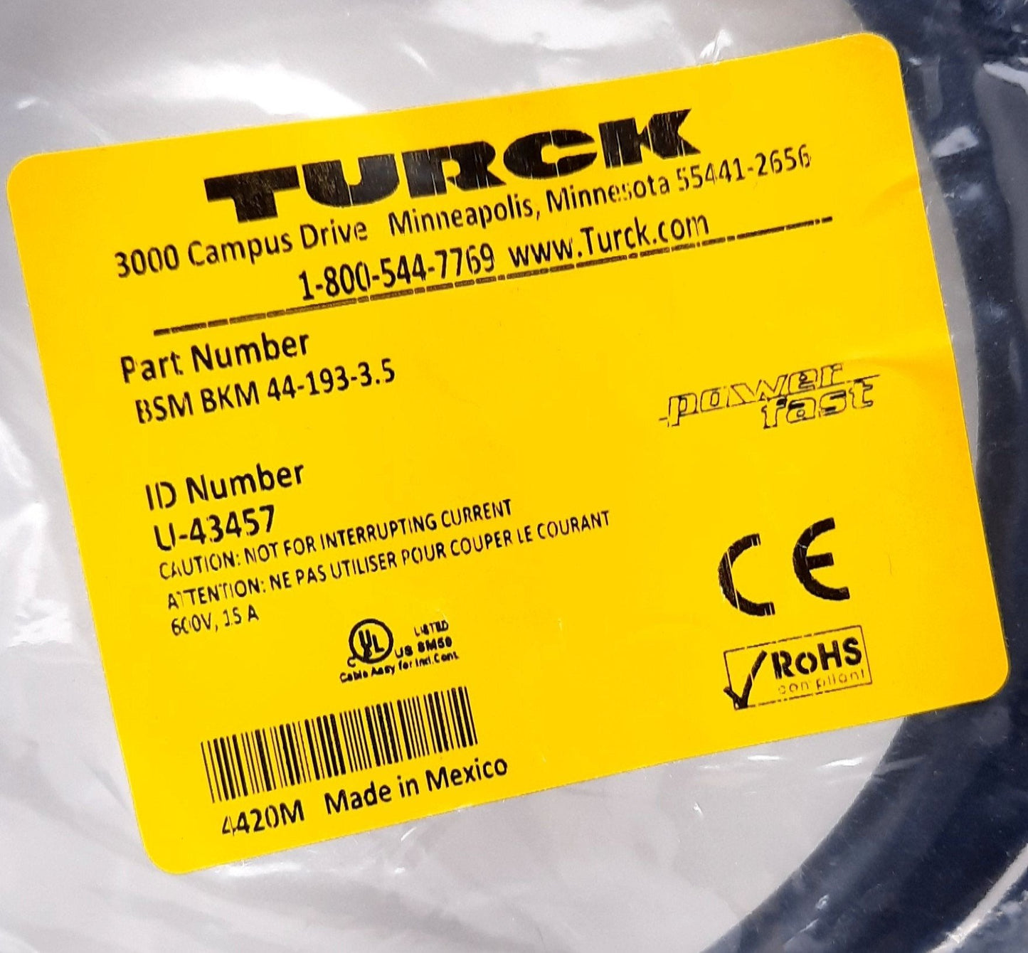 New Turck BSM BKM 44-193-3.5 Double-Ended Cordset Male Connector to Female Connector