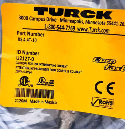 New Turck RS 4.4T-10 Actuator and Sensor Cable Cordset M12 4 Pin Male 250V 4A