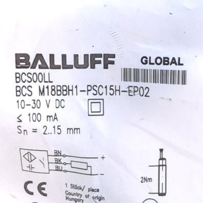 New Balluff BCS M18BBH1-PSC15H-EP02 BCS00LL Capacitive Sensor, 2-15mm Range, M18x1
