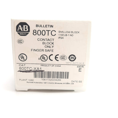 New Allen Bradley 800TC-XA1 Shallow Contact Block 1 N.O., 1 N.C.L.B., 30mm, 600V