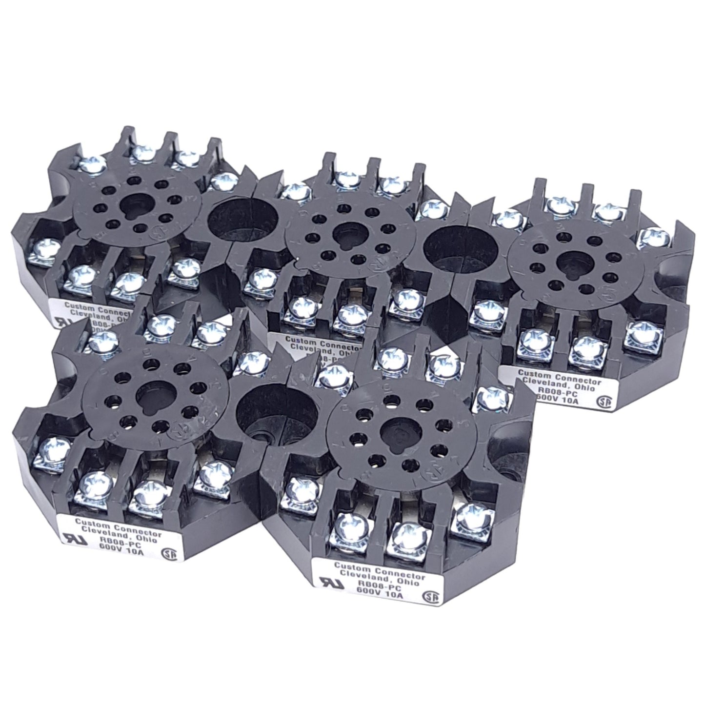 New – Open box Lot of 5 Custom Connector RB08-PC Relay Socket, 8-Pin Octal, DPDT, 600V 10A