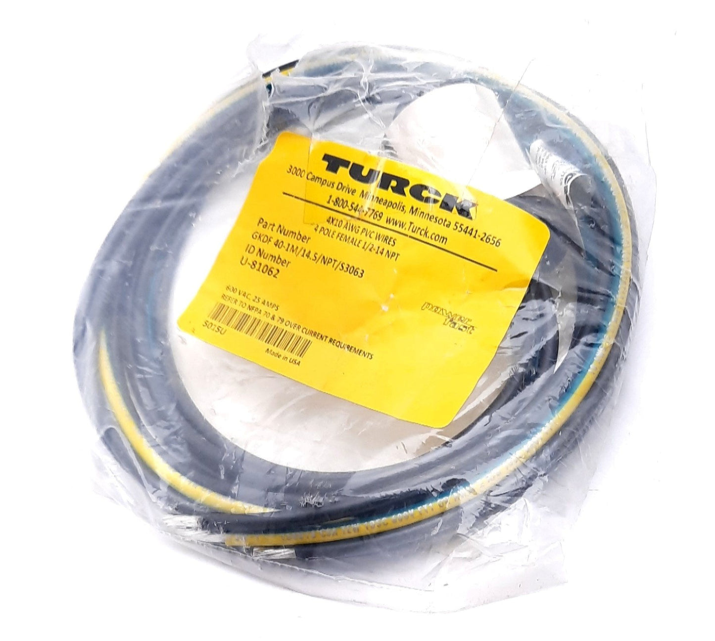 New Turck GKDF 40-1M/14.5/NPT/S3063 Panel-Mount Receptacle Bulkhead Connector 600VAC