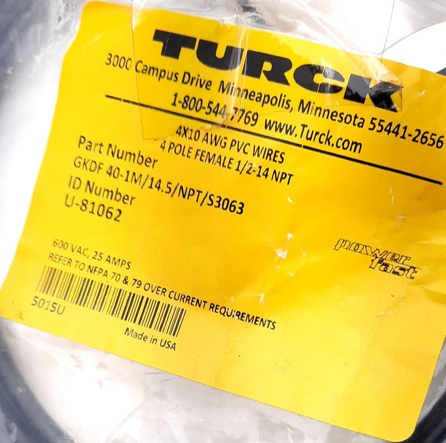 New Turck GKDF 40-1M/14.5/NPT/S3063 Panel-Mount Receptacle Bulkhead Connector 600VAC