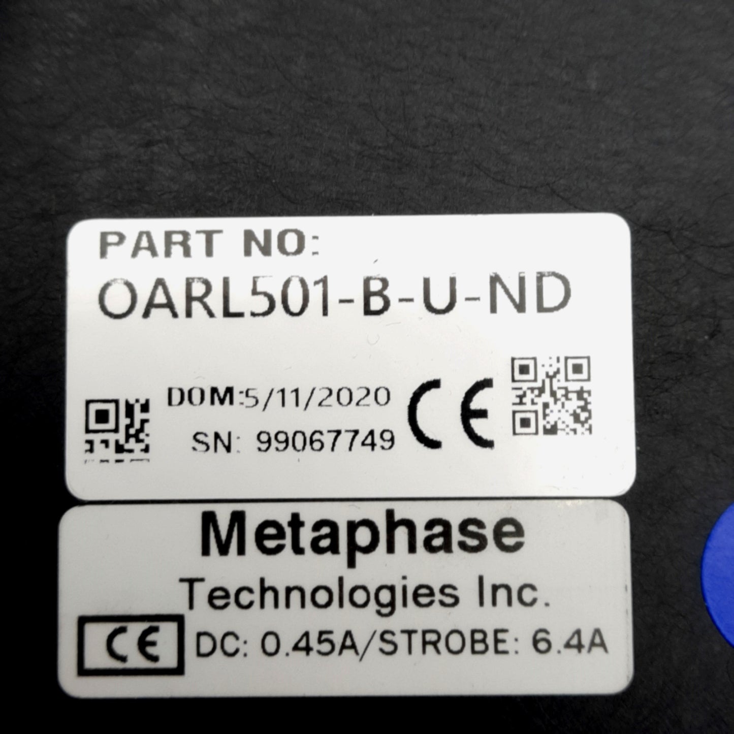 Used Metaphase OARL501-B-U-ND Off-Axis Blue Ring Light ø10in ID, 13x13in Frame, 24VDC