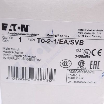 New Eaton T0-2-1/EA/SVB Main Switch, 3-Pole, 690VAC 20A, Red Rotary Handle