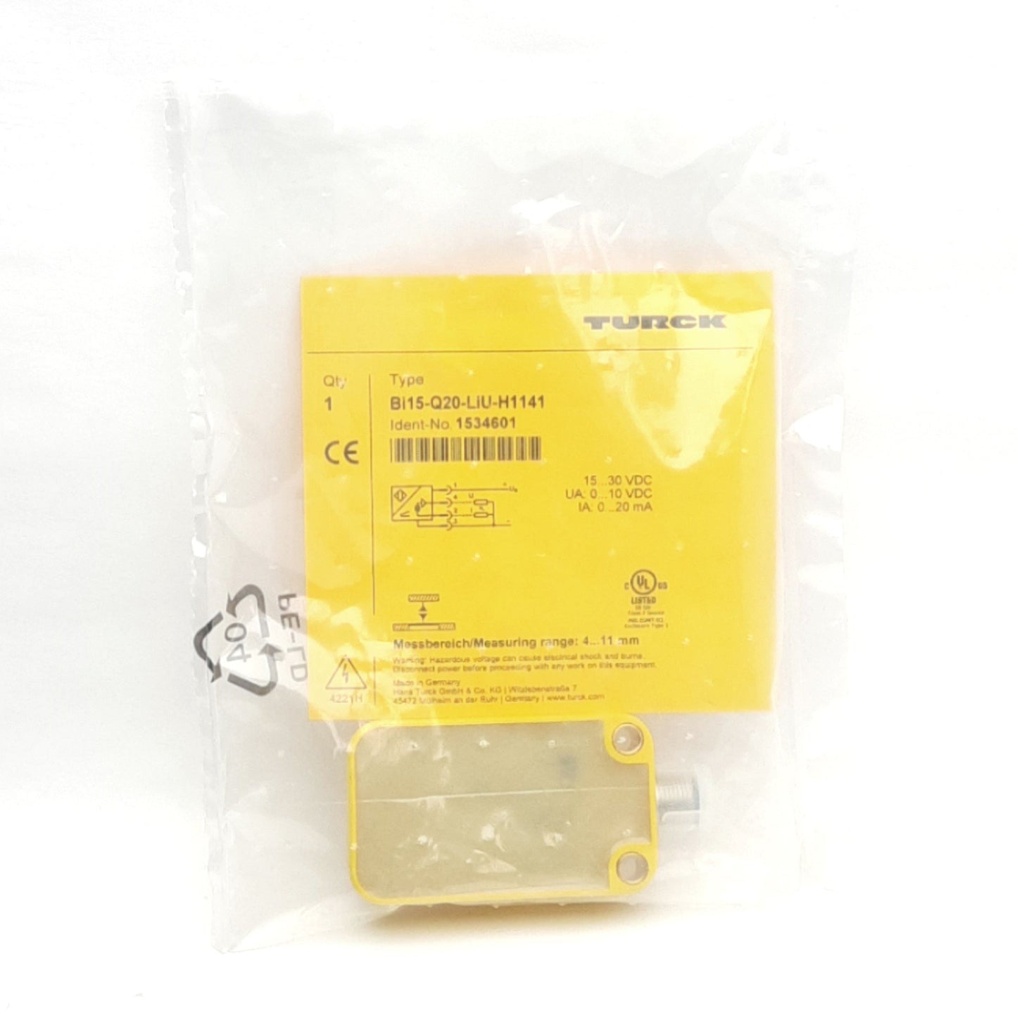 New Turck Bi15-Q20-LiU-H1141 Inductive Sensor, 4-11mm Range, 10V/20mA Output, 24VDC