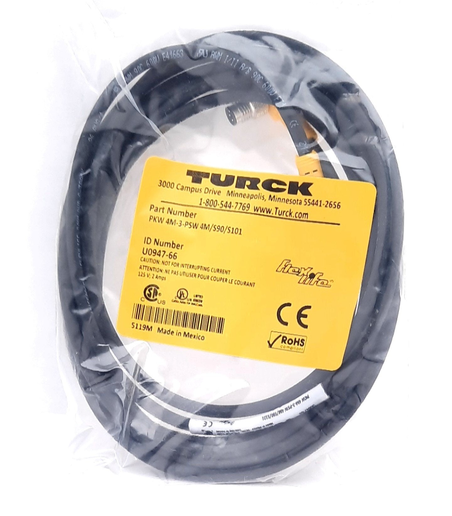 New Turck PKW 4M-3-PSW 4M/S90/S101 Actuator and Sensor Cordset 3m 125VAC 2A