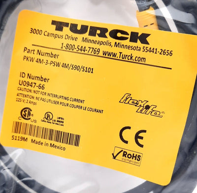 New Turck PKW 4M-3-PSW 4M/S90/S101 Actuator and Sensor Cordset 3m 125VAC 2A