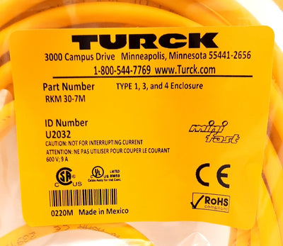 New Turck RKM 30-7M Actuator and Sensor Cable Cordset 7m 600VAC 9A 3-pin 7/8"-16
