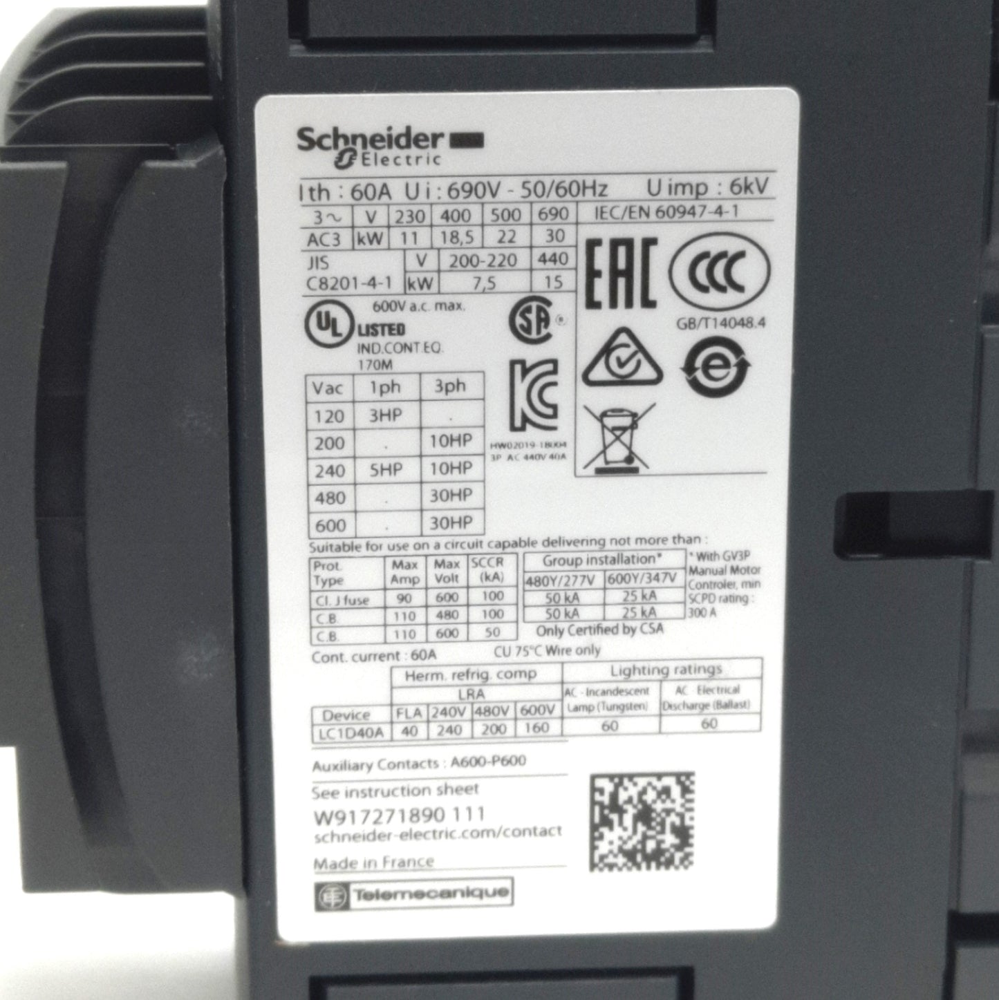 New Schneider Electric LC1D40ABBE IEC Contactor, 3-Pole, 690VAC 60A, 24VDC Coil
