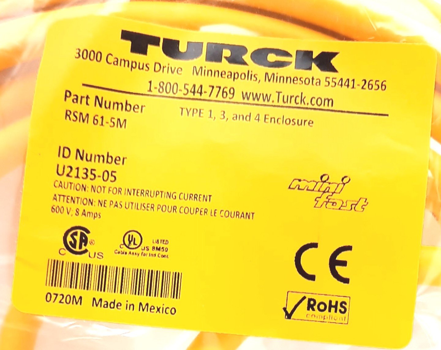 New Turck RSM 61-5M Actuator and Sensor Cable 600VAC 8A 6 Pin 6 Pin Male 7/8"-16