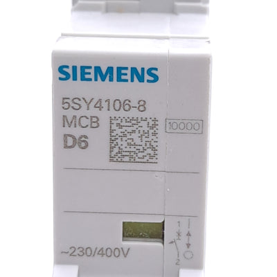 New – Open box Siemens 5SY4106-8 Miniature Circuit Breaker, 230/400VAC 6A, 1-Pole, D Curve