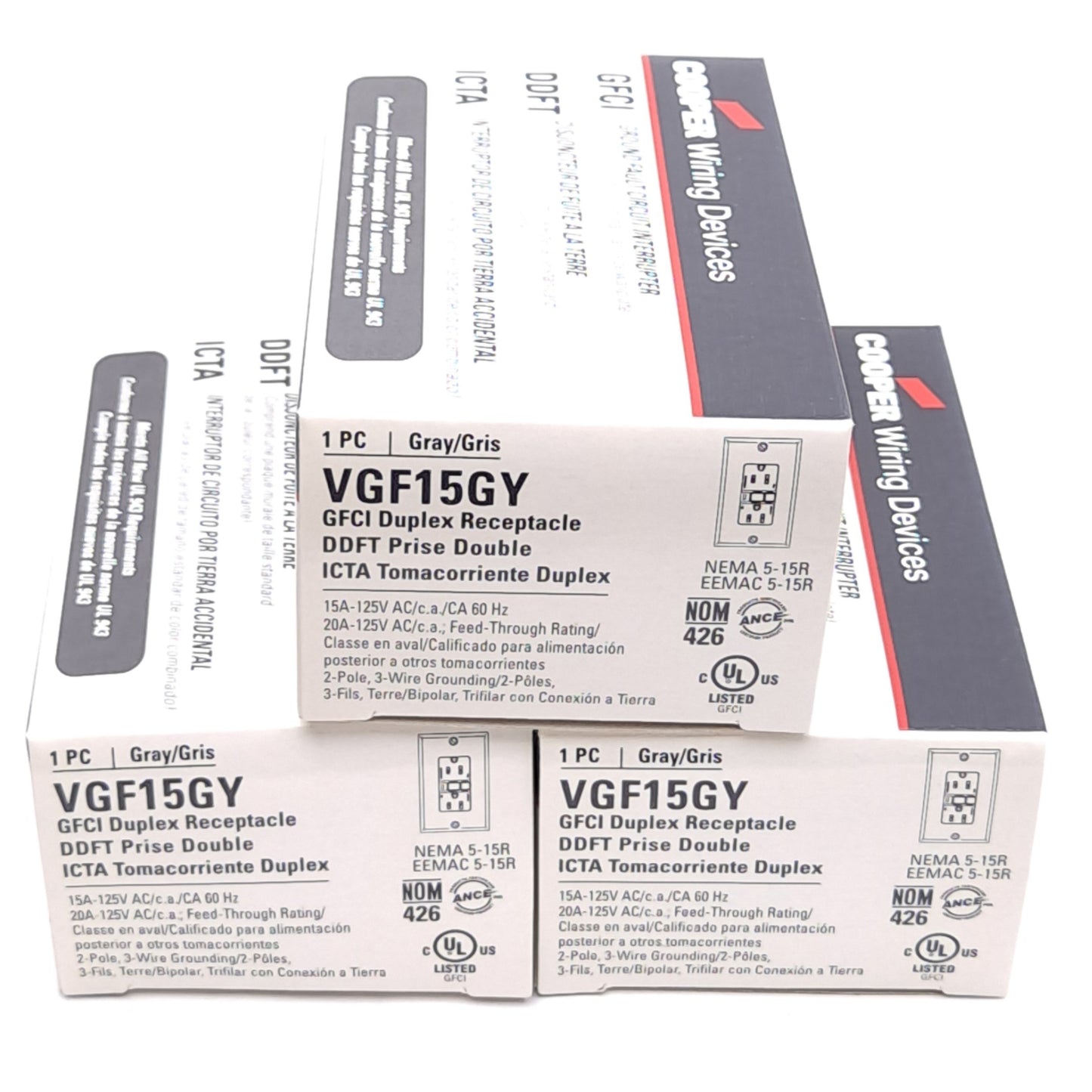 New Lot of 3 Cooper Wiring VGF15GY GFCI Duplex Receptacle 125VAC 15A, 2-Pole, 3-Wire