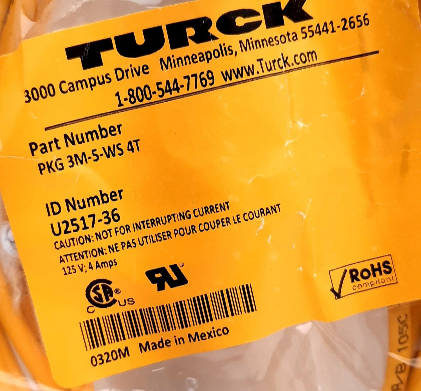 New Turck PKG 3M-5-WS 4T Actuator & Sensor Cordset 125VAC 4A 3 Pin M8 female