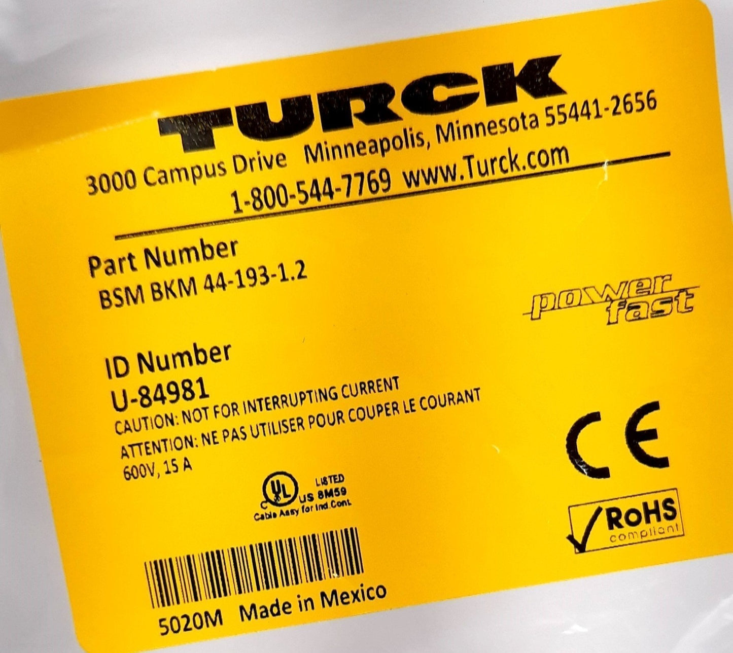 New Turck BSM BKM 44-193-1.2 Double-ended Cordset 600VAC, 15A, 4 Pin Male to Female