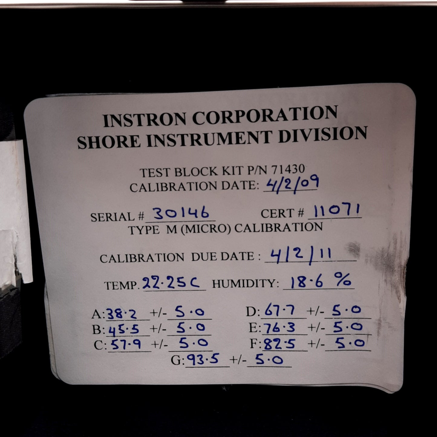 Used Shore Instruments 71400 Durometer Test Block Kit, 7 Blocks, ASTM D 2240