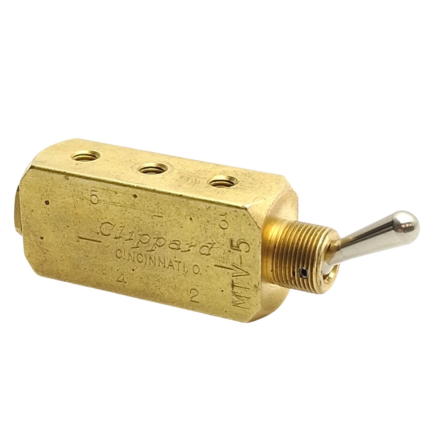 Used Clippard MTV-5 Brass Toggle Valve, 5-Port 2-Position, 150psi, 10-32 Ports