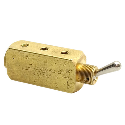 Used Clippard MTV-5 Brass Toggle Valve, 5-Port 2-Position, 150psi, 10-32 Ports