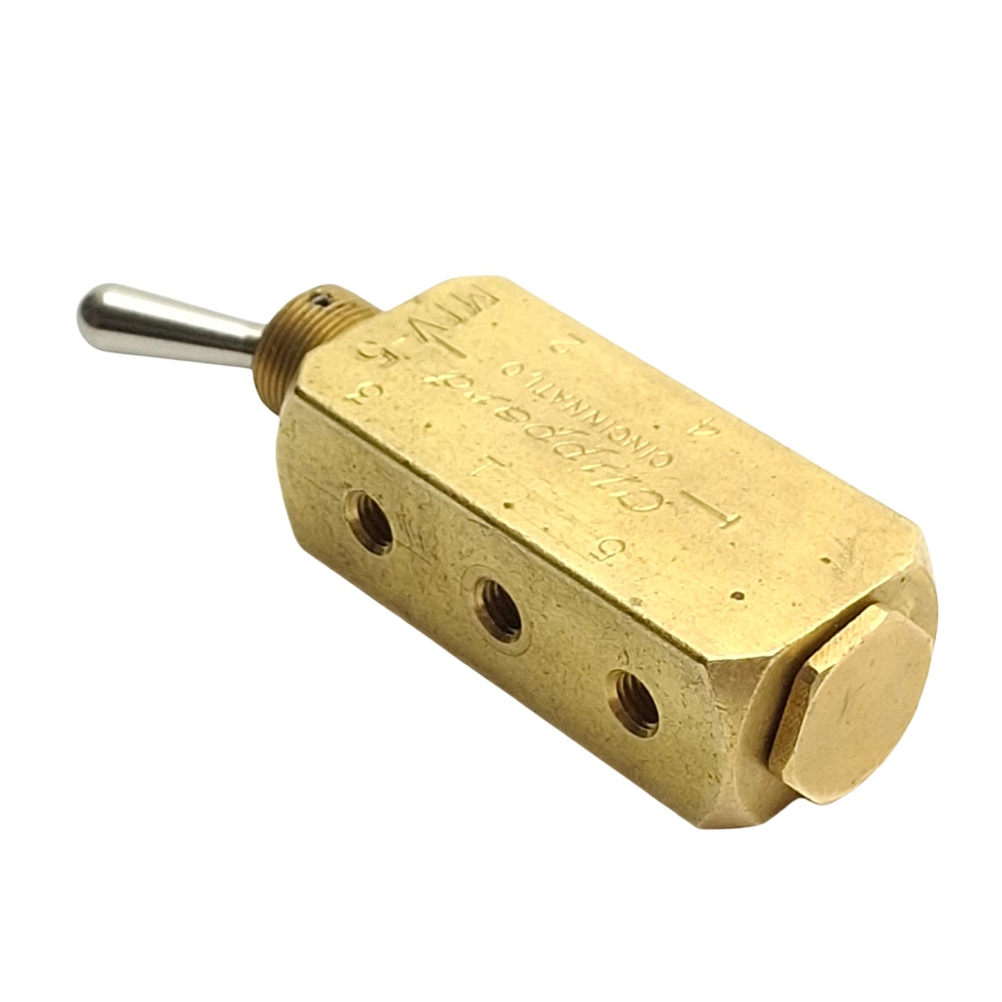 Used Clippard MTV-5 Brass Toggle Valve, 5-Port 2-Position, 150psi, 10-32 Ports