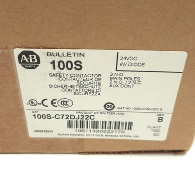New Allen Bradley 100S-C72DJ22C Safety Contactor, 3-P NO, 72A Rating, 24V DC Coil