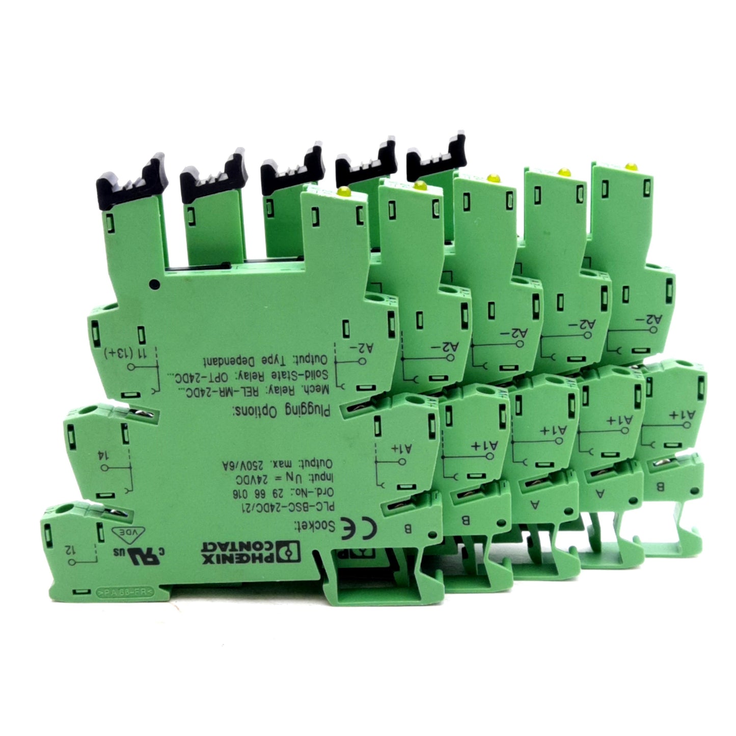 Used Lot of 5 Phoenix Contact 2966016 Relay Socket SPDT 250V 6A, 24VDC Coil, DIN Rail