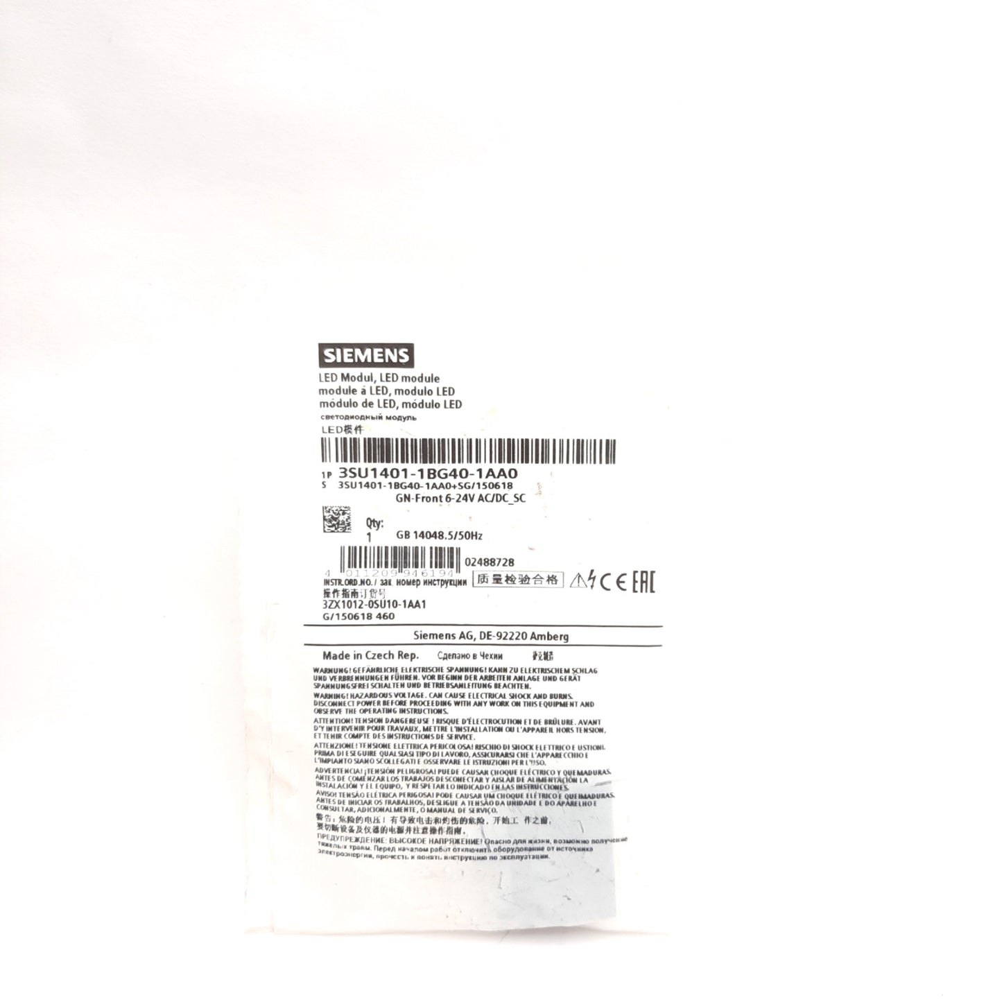 New Siemens 3SU1401-1BG40-1AA0 LED Module, Green, Screw Terminal, 24V AC/DC