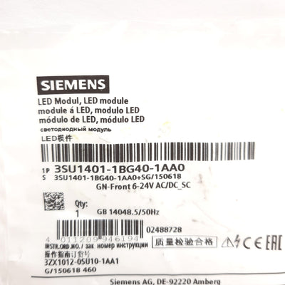 New Siemens 3SU1401-1BG40-1AA0 LED Module, Green, Screw Terminal, 24V AC/DC