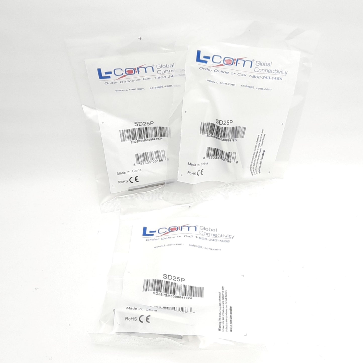 New Lot of 3 L-Com SD25P D-Sub Connector, Solder Contact, 25-Pin Male