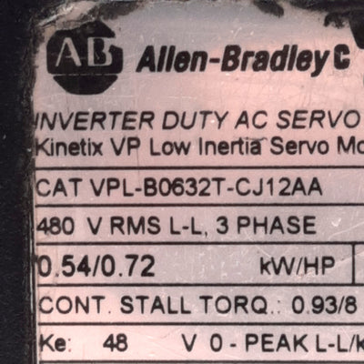Used Allen Bradley VPL-B0632T-CJ12AA Servo Motor 3-Phase 480Vrms, 8000RPM, ø9mm Shaft