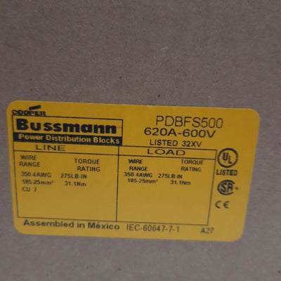 New COOPER Bussman PDBFS500 Power Distribution Block 600V, 620A, 350kcmil to 4 AWG