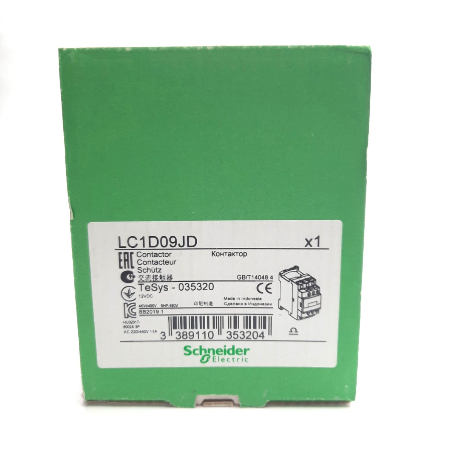 New Schneider Electric LC1D09JD IEC Contactor, 9A, 3P N.O., 12VDC Coil, w/LAD4TBDL