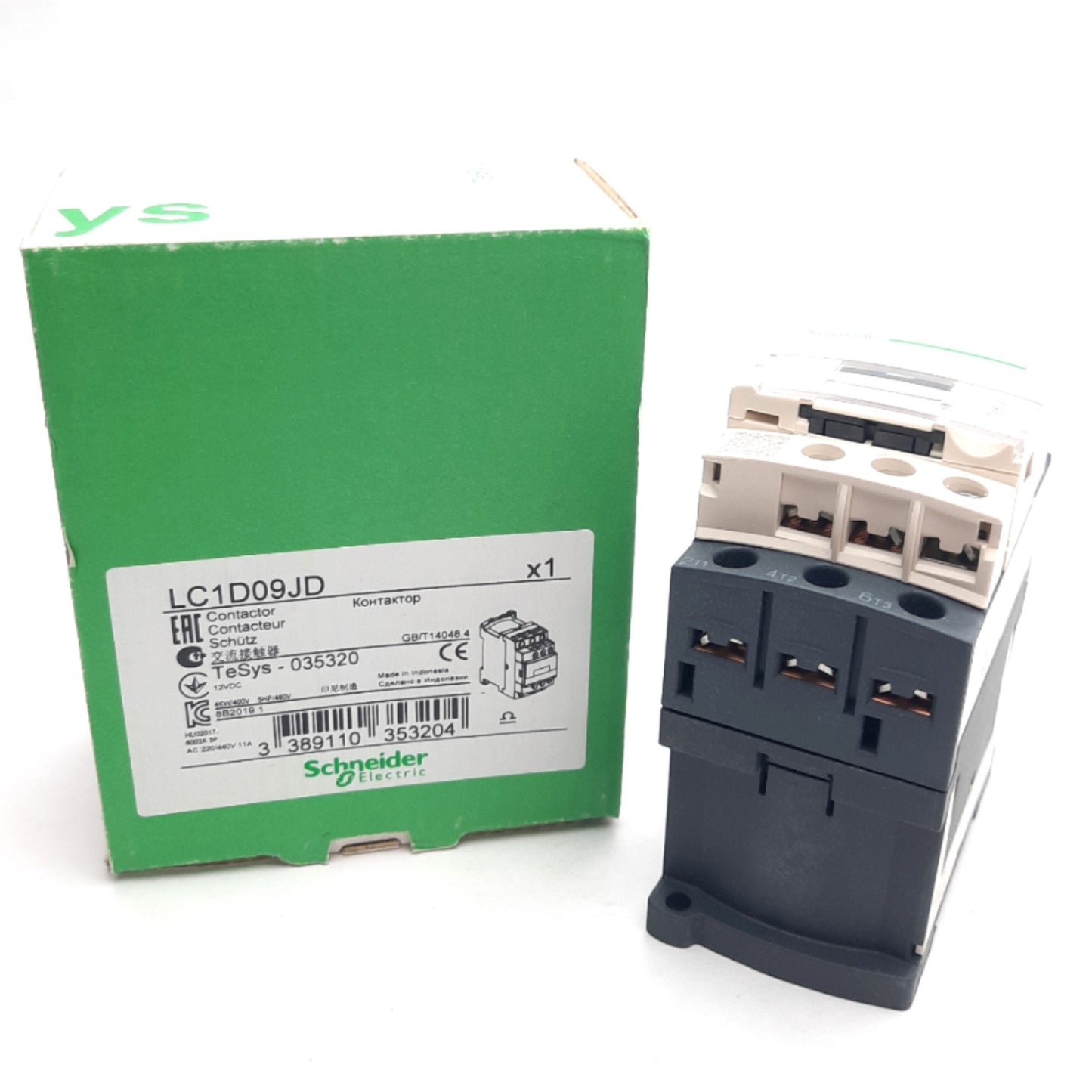 New Schneider Electric LC1D09JD IEC Contactor, 9A, 3P N.O., 12VDC Coil, w/LAD4TBDL
