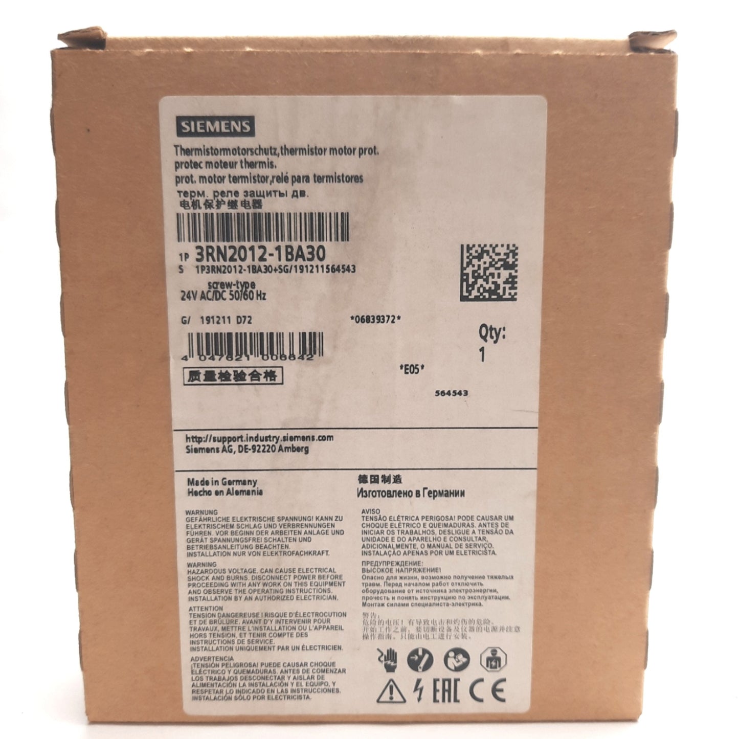 New Siemens 3RN2012-1BA30 Thermistor Motor Protection Relay, 2 CO, 24V AC/DC Coil