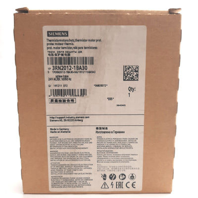 New Siemens 3RN2012-1BA30 Thermistor Motor Protection Relay, 2 CO, 24V AC/DC Coil