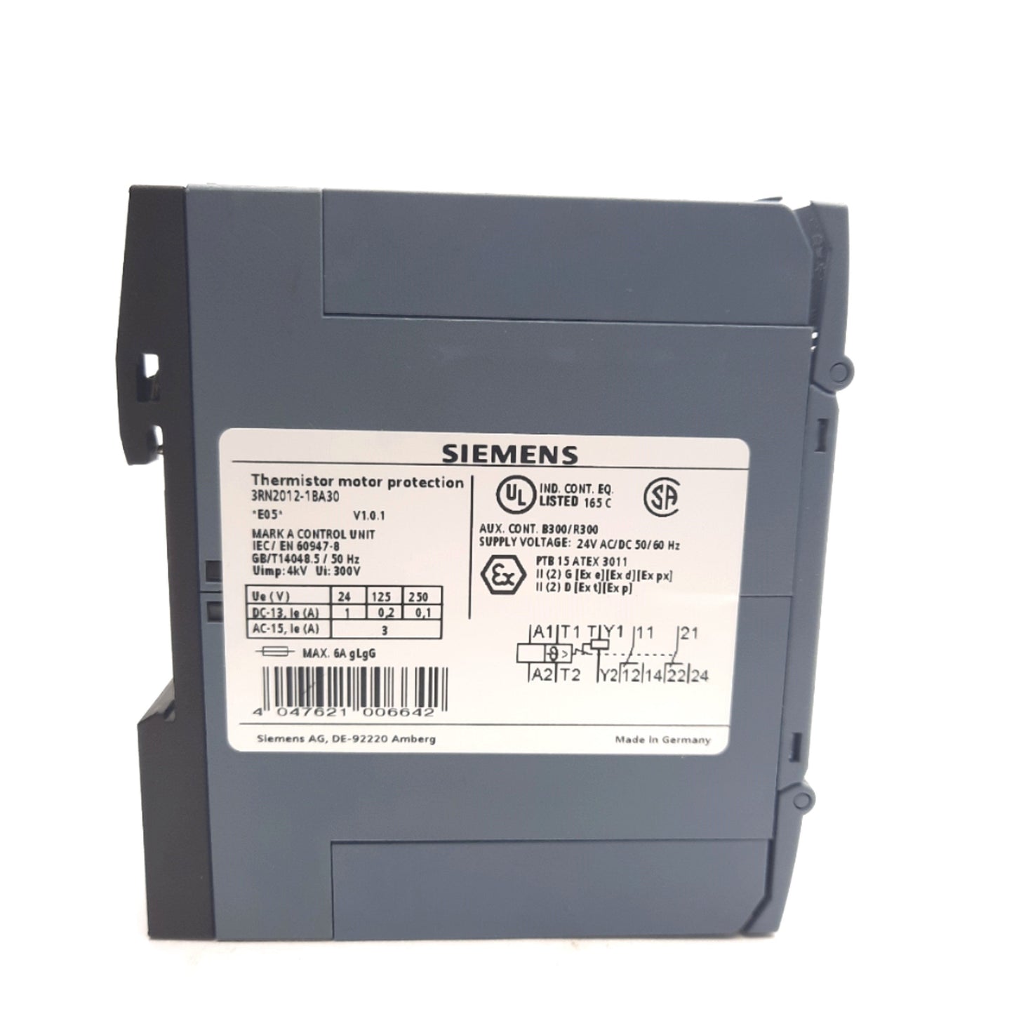 New Siemens 3RN2012-1BA30 Thermistor Motor Protection Relay, 2 CO, 24V AC/DC Coil