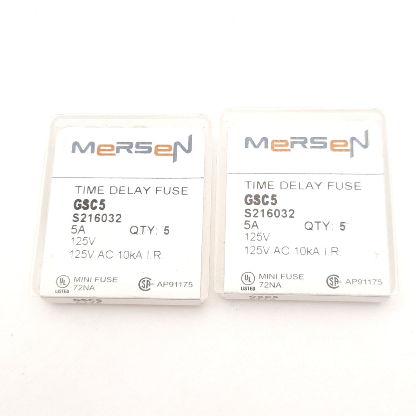 New Lot of 10 Mersen GS5C Time Delay Fuses 5A 125VAC, 5TT5, 72NA, 5.2mm x 20mm