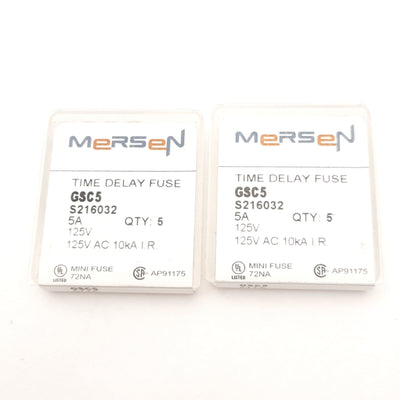 New Lot of 10 Mersen GS5C Time Delay Fuses 5A 125VAC, 5TT5, 72NA, 5.2mm x 20mm