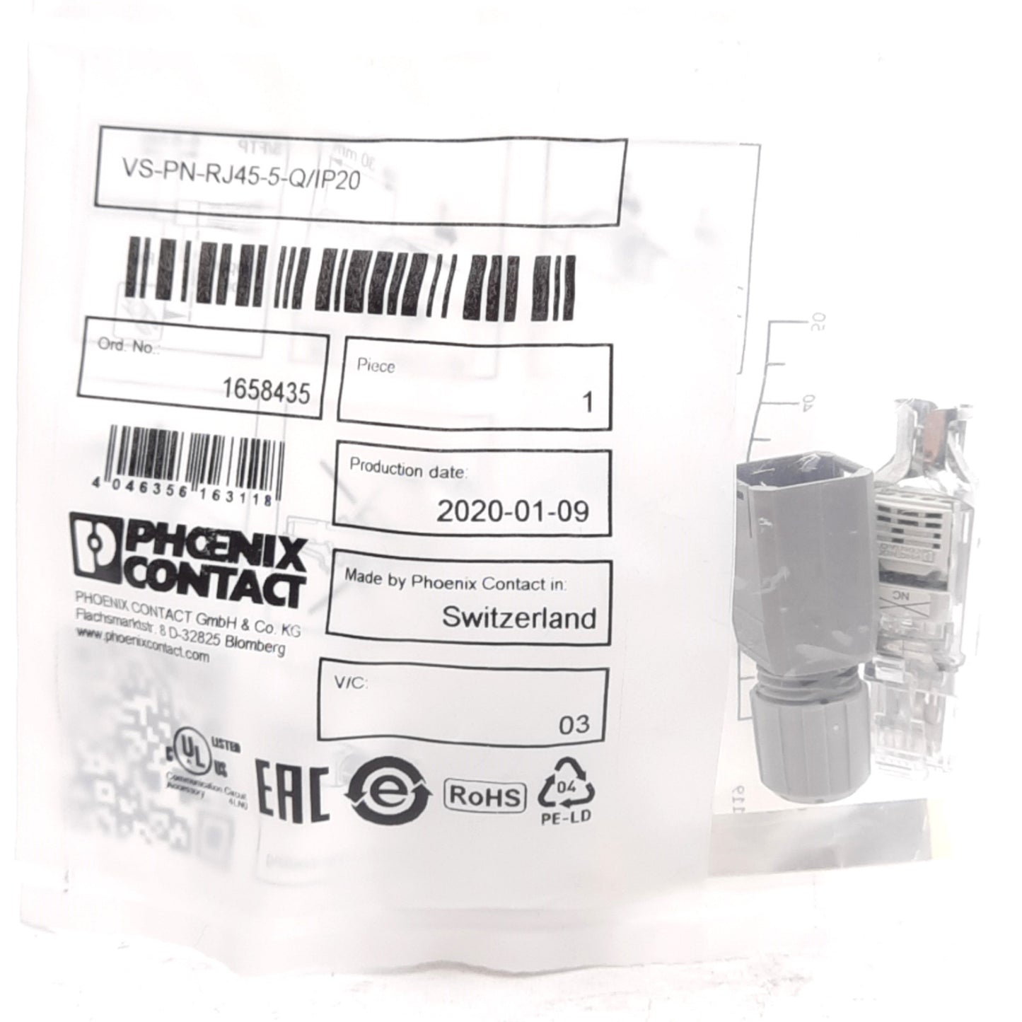 New Phoenix Contact VS-PN-RJ45-5-Q/IP20 Ethernet Plug Connector, RJ45 8-Pin