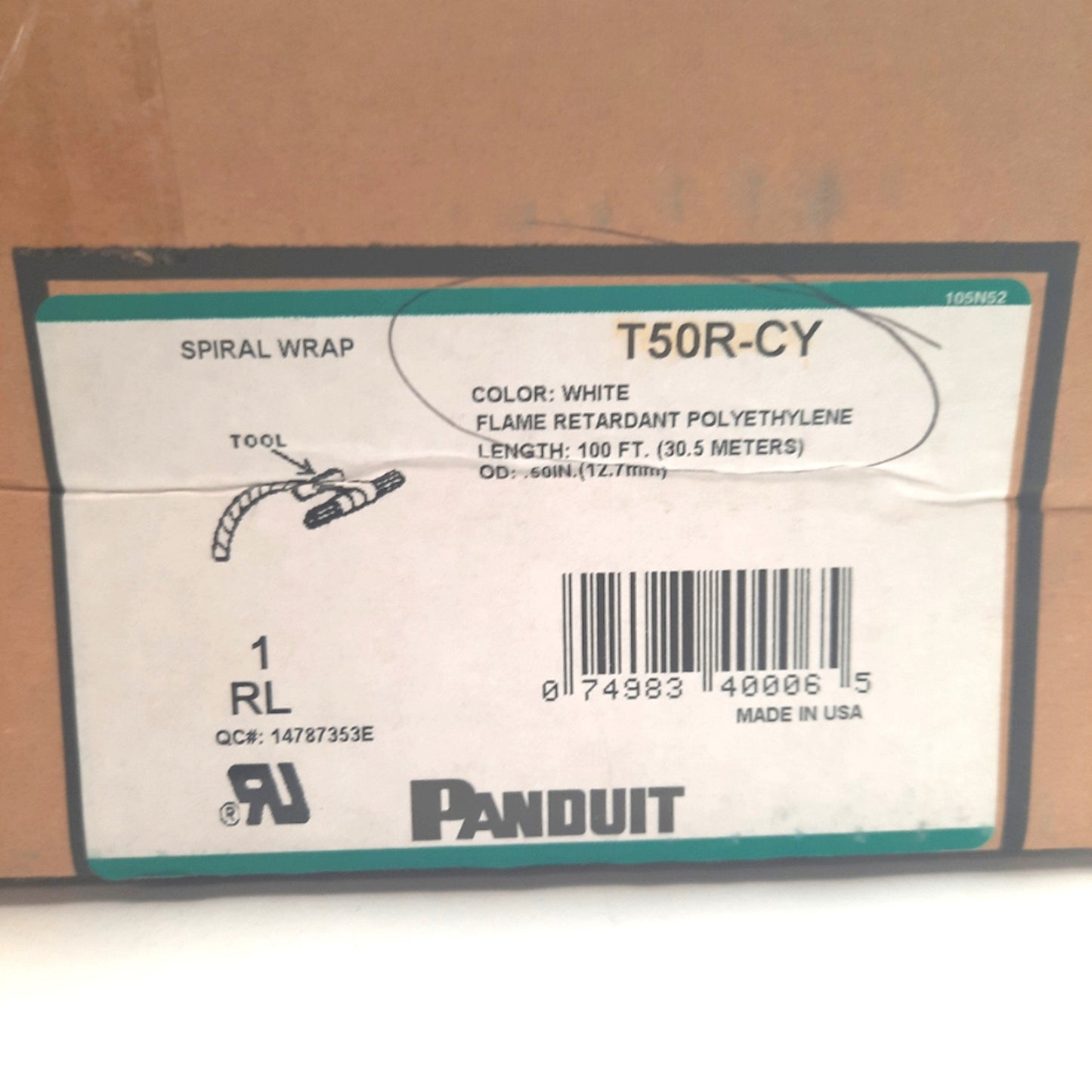 New Panduit T50R-CY Fire Resistant Polyethylene Spiral Wrap, 1/2" x 100ft