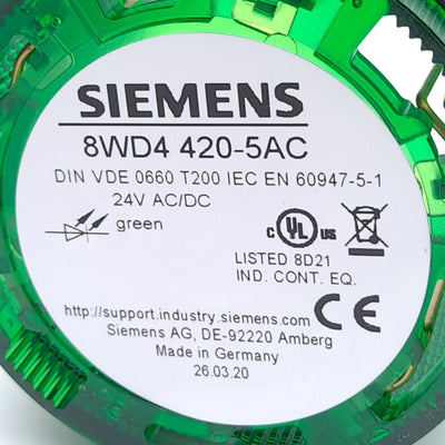 New Siemens 8WD4420-5AC LED Stack Light, Green, Continuous, 24VAC/DC, ø70mm