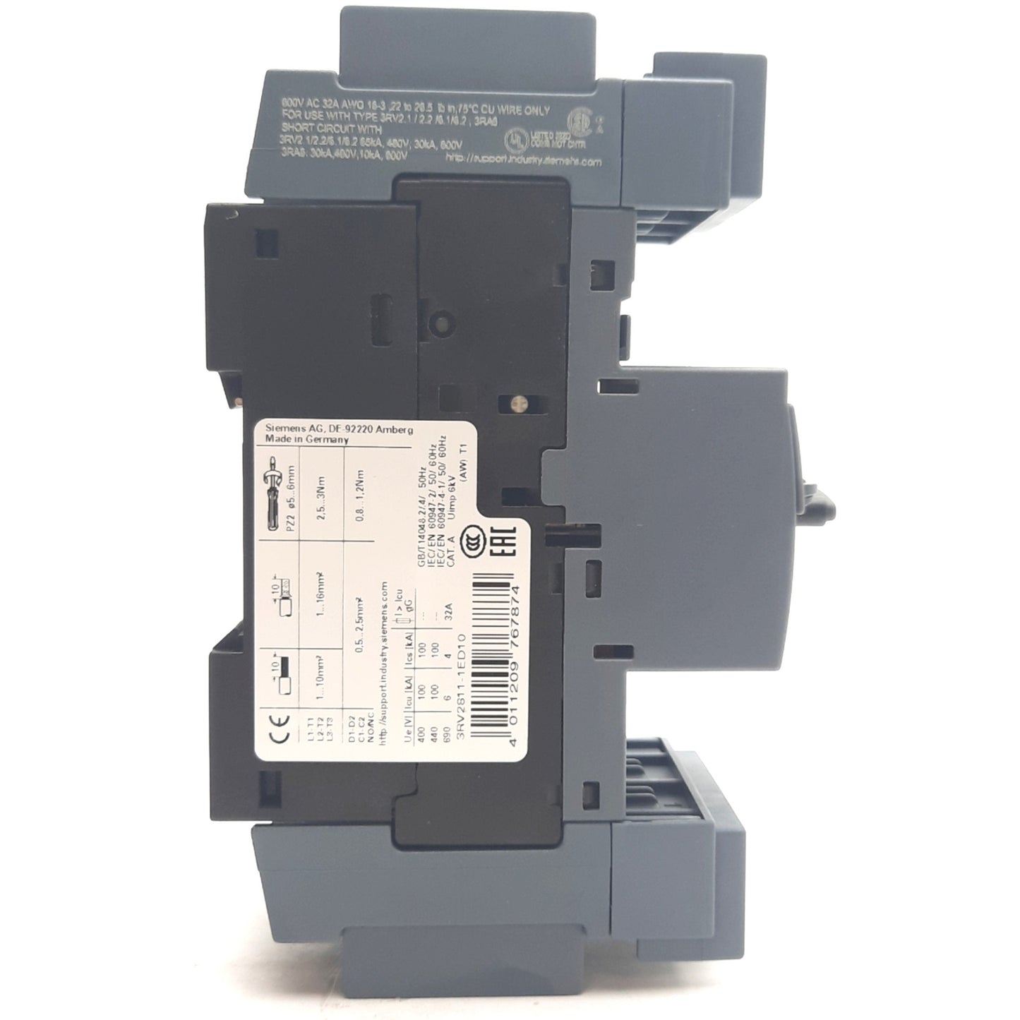 New – Open box Siemens 3RV2811-1ED10 Sirius Circuit Breaker, 3-Pole, 4A, 20-690V, DIN Rail