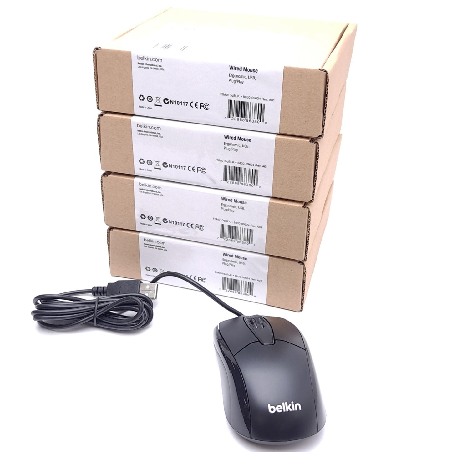 New Lot of 4 Belkin F5M010qBLK Wired Optical Mouse, USB-A, 3-Button, 1.5m Cable