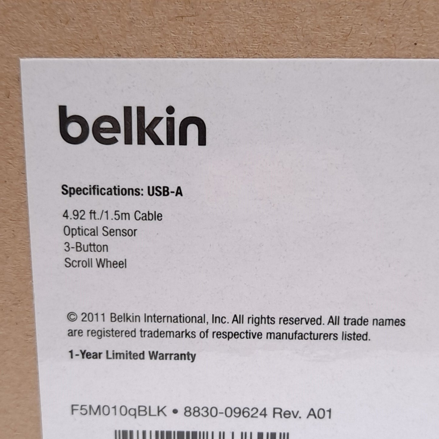 New Lot of 4 Belkin F5M010qBLK Wired Optical Mouse, USB-A, 3-Button, 1.5m Cable