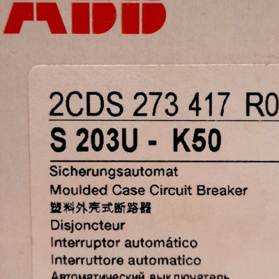 New ABB S203U-K50 Circuit Breaker, 3-Poles, K-Curve, 240VAC, 50A, DIN Rail